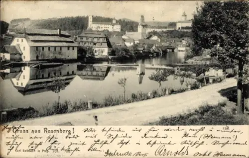Ak Rožmberk nad Vltavou Rosenberg Südböhmen,  Schloss, Flussufer mit Mühlen