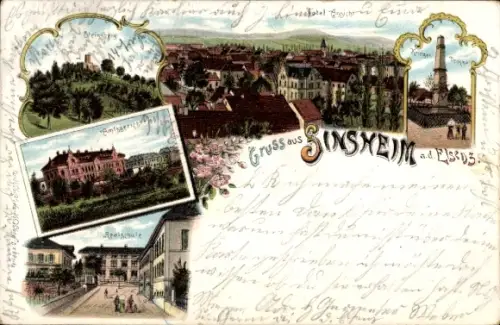 Litho Sinsheim an der Elsenz Baden, Totale, Amtsgericht, Kriegerdenkmal, Realschule