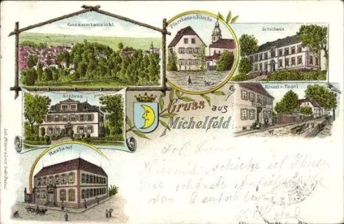 Litho Michelfeld Angelbachtal Baden Württemberg, Pfarrhaus, Kirche, Schule, Schloss, Rössel u. Engel