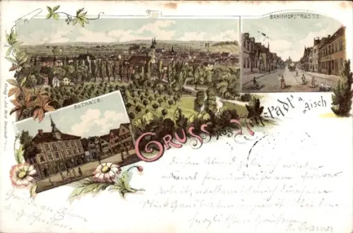 Litho Neustadt an der Aisch Mittelfranken, Gesamtansicht, Bahnhofstraße, Rathaus