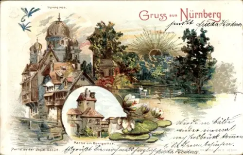 Sonnenschein Litho Nürnberg in Mittelfranken, Synagoge, Insel Schütt, Königstor