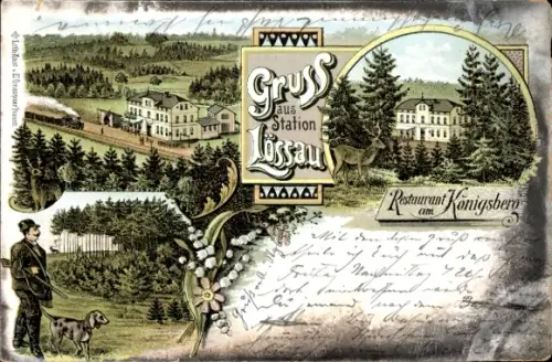 Litho Lössau Schleiz im Vogtland Thüringen, Restaurant am Königsberg, Mann mit Hund, Bahnhof
