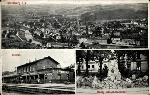 Ak Elsterberg im Vogtland, Fliegeraufnahme der Stadt, Bahnhof, König Albert Denkmal