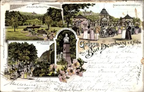 Litho Bad Homburg vor der Höhe, Kaiserbrunnen, Kaiser Wilhelm Bad, Tennisplatz
