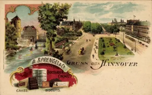 Litho Hannover in Niedersachsen, Platz, Brücke, B. Sprengel & Co. Schokolade Fabrik, Reklame