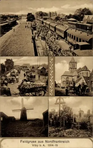 Ak Vitry en Artois Pas de Calais, Bahnhof, Windmühle, Friedhof