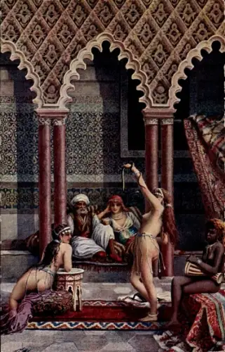 Ak Maghreb, Mann mit seinem Harem, Bauchtänzerin, Schlangenbeschwörerin