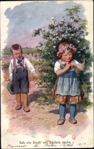 Künstler Ak Sah ein Röslein stehen, Junge, Mädchen, Rosen