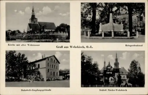 Ak Wehrkirch Horka Oberlausitz, Bahnhofs Empfangsgebäude, Schloss, Kriegerdenkmal, Kirche, Wehrmauer