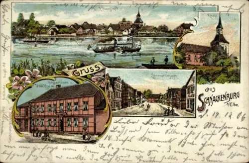 Passepartout Litho Schnackenburg an der Elbe, Panorama, Kirche, Gasthof