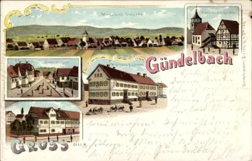 Litho Gündelbach Vaihingen an der Enz, Totale, Kirche, Gasthof