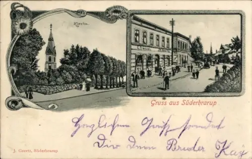 Passepartout Ak Süderbrarup in Angeln, Kirche, Straßenansicht