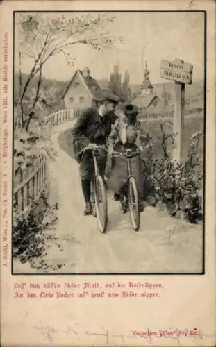Ak Paar fährt Rad, Fahrräder, Wegweiser