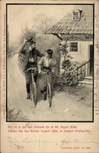 Ak Paar fährt Rad, Fahrräder, Wohnhaus