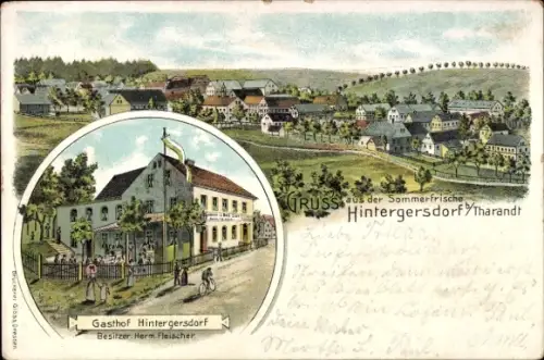Litho Hintergersdorf Tharandt Sachsen, Gesamtansicht, Gasthof Hintergersdorf, Bes. Herm. Fleischer
