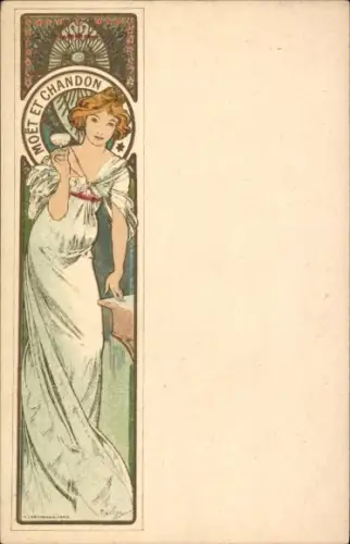 Jugendstil Künstler Ak Alfons Mucha, Frauenbildnis mit Glas, Moet et Chandon