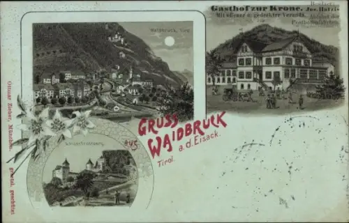 Mondschein Litho Waidbruck Ponte Gardena Südtirol, Schloss Trostburg, Gasthof zur Krone, Jos. Hatzis