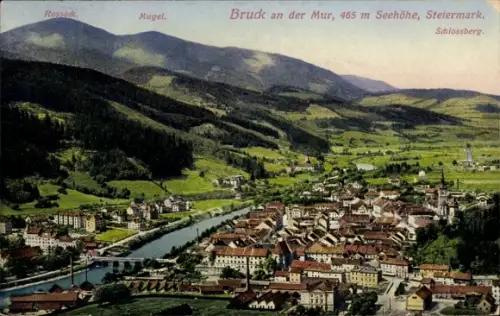 Ak Bruck an der Mur Steiermark, Ortspanorama, Schlossberg, Mugel, Rosseck