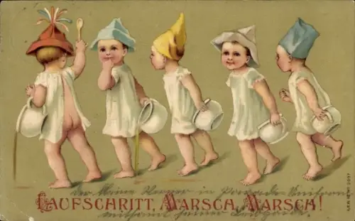 Präge Ak Laufschritt, Marsch, Marsch! Toilettenhumor, Kinder mit Nachttöpfen