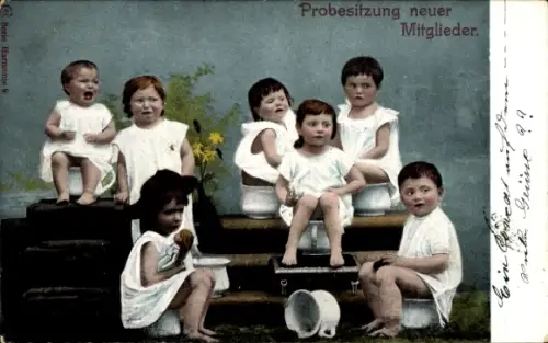 Ak Probesitzung neuer Mitglieder, Kinder auf Nachttöpfen