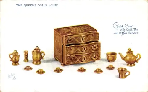 Künstler Ak Queen's Dolls' House, Gold Chest with Gold Tea and Coffee Service
