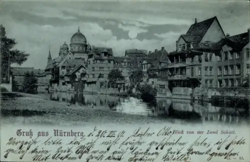 Mondschein Ak Nürnberg, Synagoge, Insel Schütt