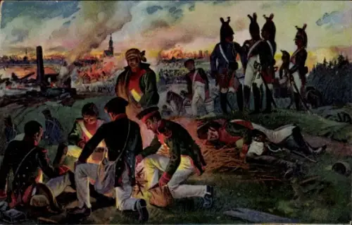 Künstler Ak Die Völkerschlacht 1813, Brand von Bischofswerda, Napoleons Truppen