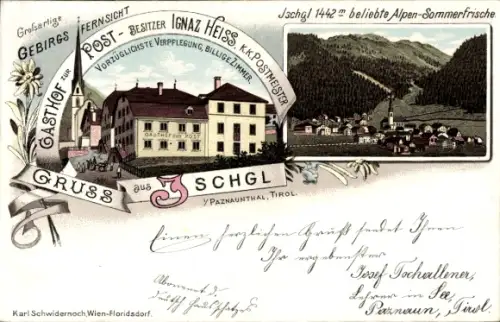 Litho Ischgl Tirol, Gasthof zur Post, Bes. Ignaz Heiss, K.k. Postmeister, Paznauntal
