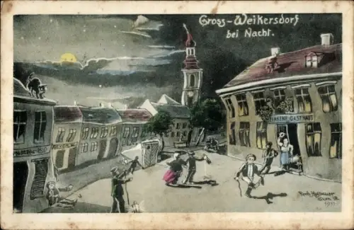 Ak Großweikersdorf Niederösterreich, Gasthaus, Ort bei Nacht, Humor