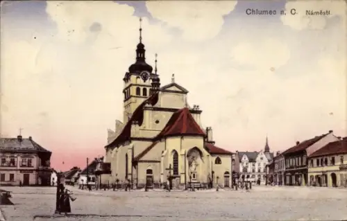 Ak Chlumec u Chabařovic Kulm Region Aussig, Marktplatz, Kirche