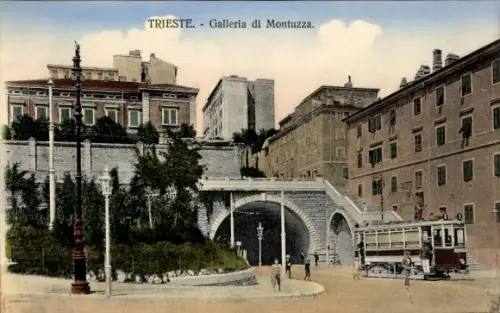 Ak Triest Trieste Friuli Venezia Giulia,  Galleria di Montuzza, Tunnelportal, Straßenbahn