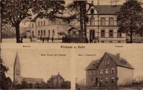 Ak Wickede an der Ruhr, Bahnhof, Post, Kirche mit Pastorat, Volksschule