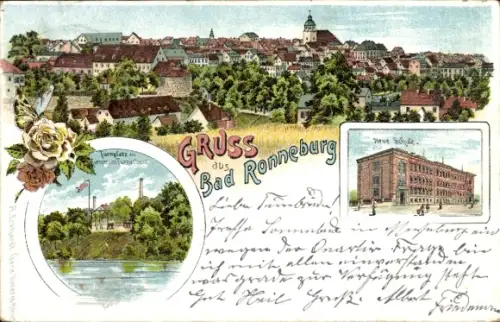 Litho Ronneburg Thüringen, Neue Schule, Totalansicht, Turnplatz