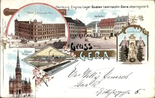 Litho Gera in Thüringen, Hotel zum schwarzen Bär, Marktplatz, Kirche, Schlachthof, Denkmal