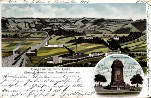 Ak Gera in Thüringen, Gesamtansicht, Bismarckturm