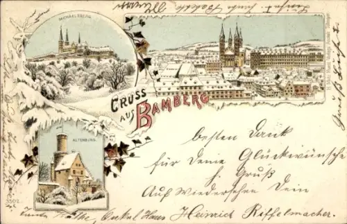 Litho Bamberg in Oberfranken, Glückwunsch Neujahr, Michaelsberg, Altenburg, Panorama vom Ort