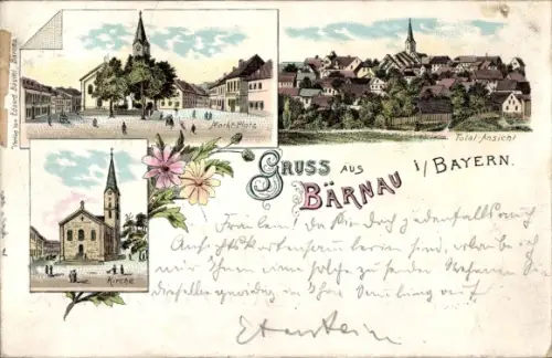Litho Bärnau in der Oberpfalz, Marktplatz, Kirche