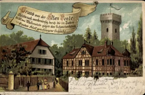 Litho Alte Veste Zirndorf in Mittelfranken, Turm, Gebäude, Fahne