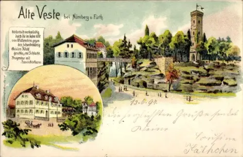 Litho Alte Veste Zirndorf im Kreis Fürth Mittelfranken, Panorama vom Ort, Aussichtsturm