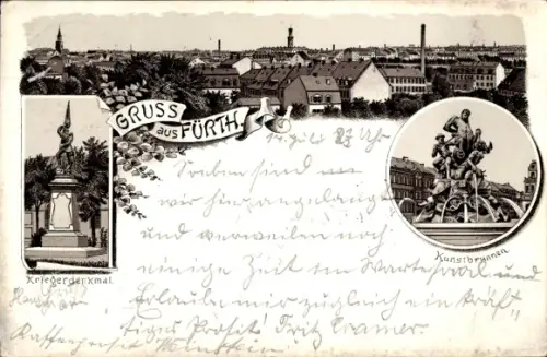 Litho Fürth in Mittelfranken Bayern, Kriegerdenkmal, Kunstbrunnen
