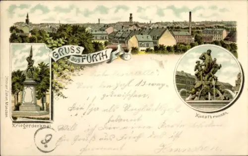 Litho Fürth in Mittelfranken Bayern, Kunstbrunnen, Kriegerdenkmal