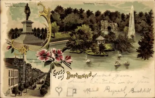 Litho Dortmund im Ruhrgebiet, Kronenburg Schwanenteich, Kaiserdenkmal, Straßenansicht
