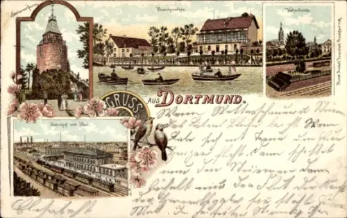 Litho Dortmund im Ruhrgebiet, Bahnhof mit Post, Buschmühle, Vehmlinde