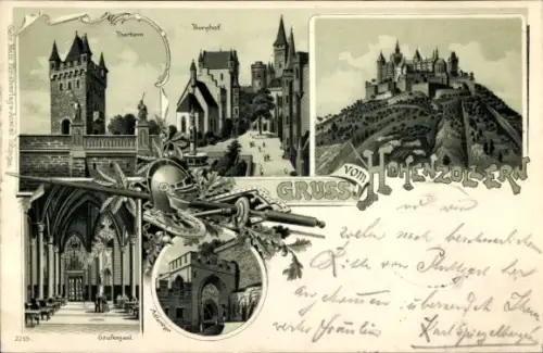 Litho Bisingen in Baden Württemberg, Hohenzollern, Thierturm, Burghof, Grafensaal