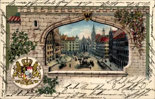 Passepartout Ak Litho München, Marienplatz, Wappen