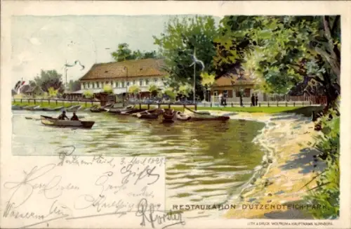 Litho Dutzendteich Nürnberg in Mittelfranken Bayern, Restauration, Ruderboote