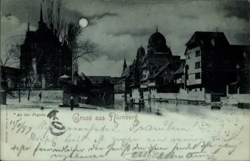 Mondschein Ak Nürnberg in Mittelfranken, An der Pegnitz, bei Nacht