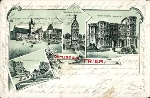 Litho Trier an der Mosel, Hauptmarkt, Amphitheater, Porta Nigra, Säule