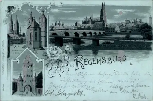 Mondschein Litho Regensburg an der Donau Oberpfalz, Stadt bei Nacht, Ostertor, Dom