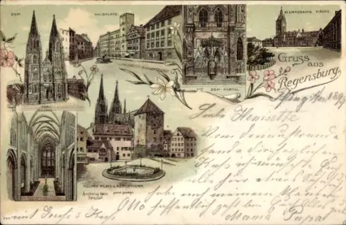 Litho Regensburg an der Donau Oberpfalz, Dom, Haidplatz, Moltkeplatz, Römerturm, Kirche